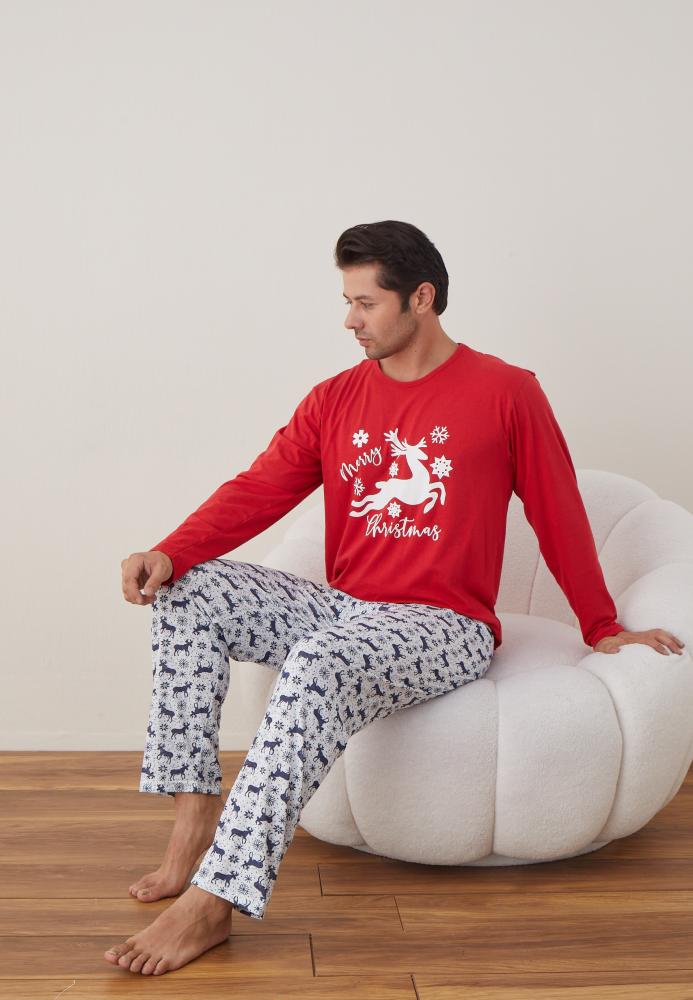 Pijama barbati Craciun "Chrystmas Merry" , maneca lunga ,pantaloni lungi,Culoare Rosu ,Engros